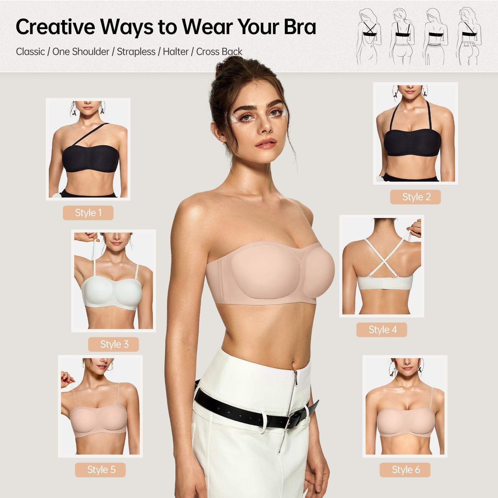 💞 Damen-Trägerloser Push-up-Bandeau-BH, rutschfest, kabellos, stützend, gepolstert, nahtlos, bequem, aus Jelly-Material