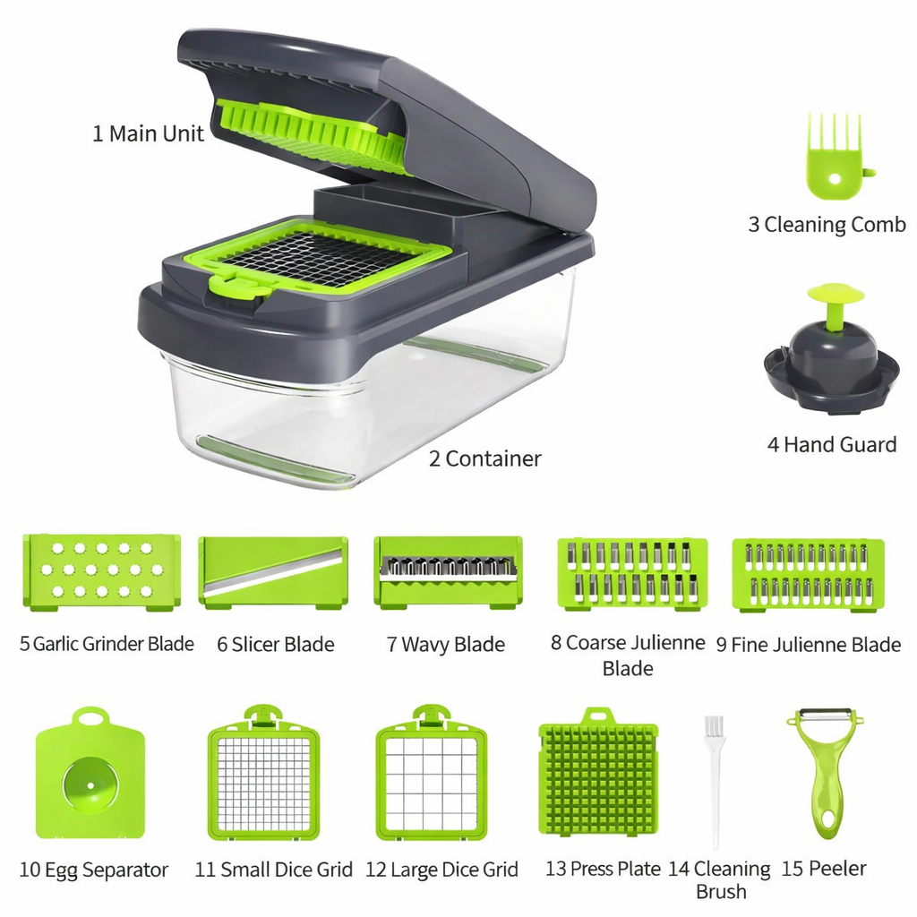 Vegetable Chopper,15-in-1 Multifunctional Food Chopper,Professional Onion Chopper with 8 Blades,Vegetable Cutter with Container for Salad