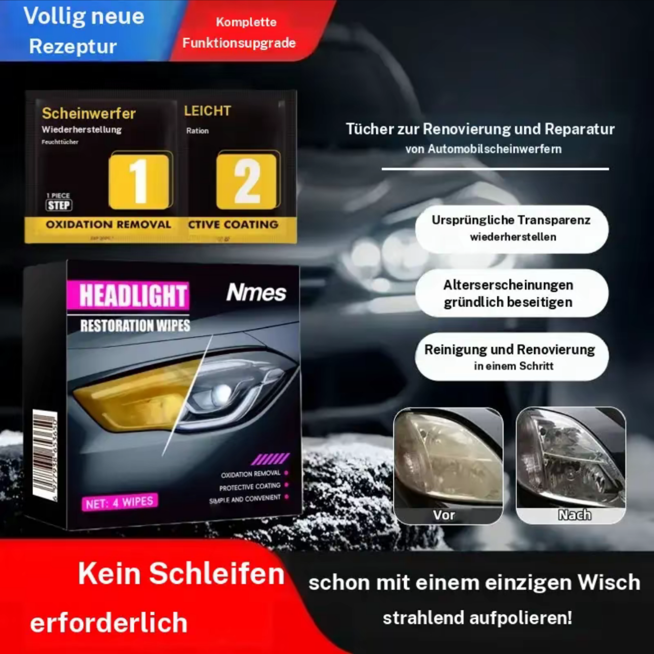 Automotive Scheinwerferrestaurierung &reparatur Wischsets - Scheinwerferlinse Politur,Kratzer und Vergilbung entfernen, Sofortige Aufhellung, Hochwirksame Reinigungslosung
