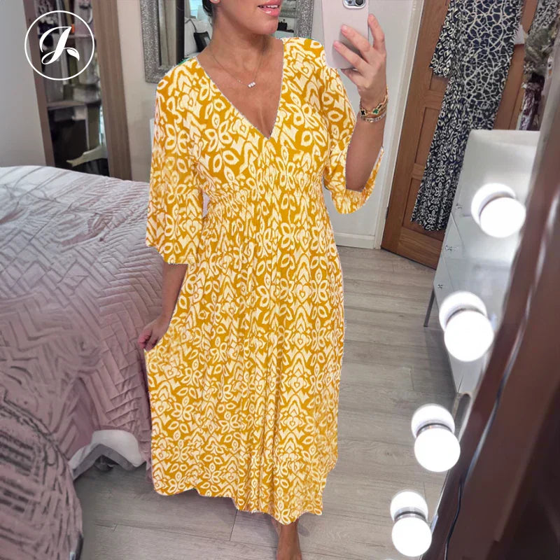 🎉LAST DAY SALE 49% OFF💖Bohemian casual print V-neck waist wrap long dress