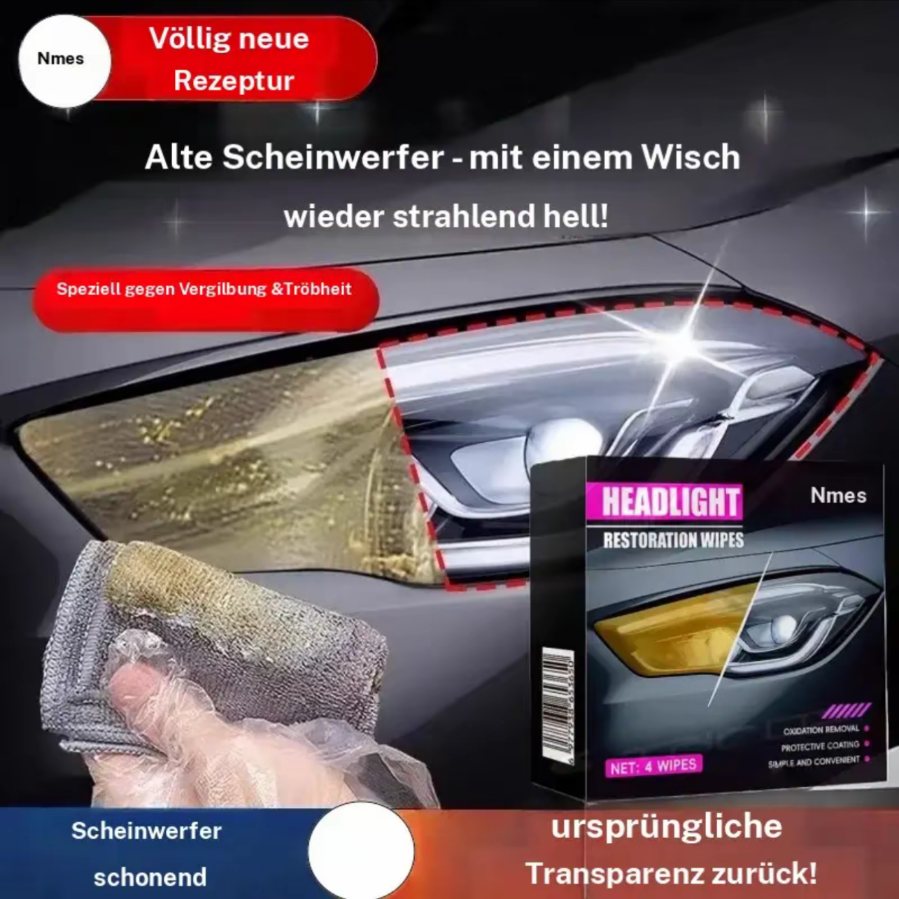 Automotive Scheinwerferrestaurierung &reparatur Wischsets - Scheinwerferlinse Politur,Kratzer und Vergilbung entfernen, Sofortige Aufhellung, Hochwirksame Reinigungslosung