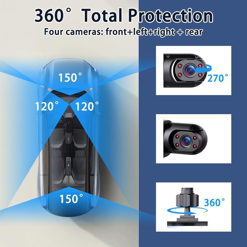 4-Kanal-Auto-Armaturenbrettkamera, Plug and Play (ohne Batterie), 1080P Auto-DVR mit 64 GB Speicherkarte, HD-Bildschirm, vorne, hinten, links und rechts, keine Batterie