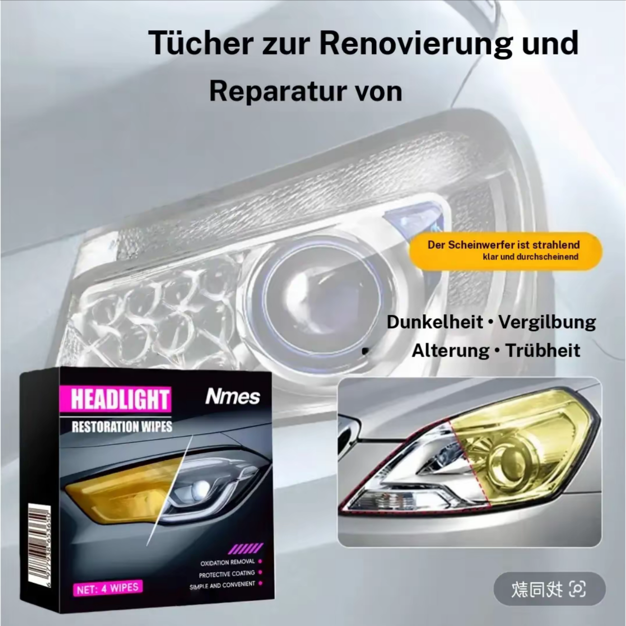 Automotive Scheinwerferrestaurierung &reparatur Wischsets - Scheinwerferlinse Politur,Kratzer und Vergilbung entfernen, Sofortige Aufhellung, Hochwirksame Reinigungslosung