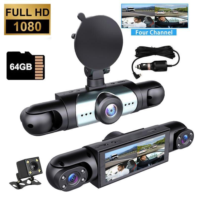 4-Kanal-Auto-Armaturenbrettkamera, Plug and Play (ohne Batterie), 1080P Auto-DVR mit 64 GB Speicherkarte, HD-Bildschirm, vorne, hinten, links und rechts, keine Batterie