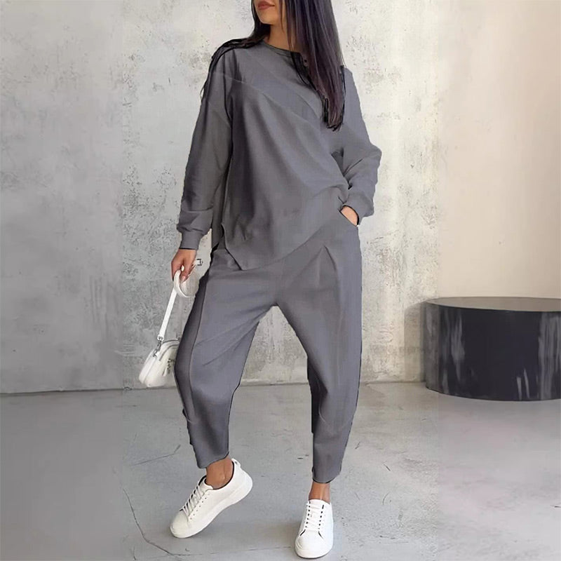 👚 60% RABATT! 👖 Damen Langarm-Sweatshirt & Hose Set – Unregelmäßiger Saum, Weiches Material & Bequemer Oversized-Schnitt für Zuhause 🍂