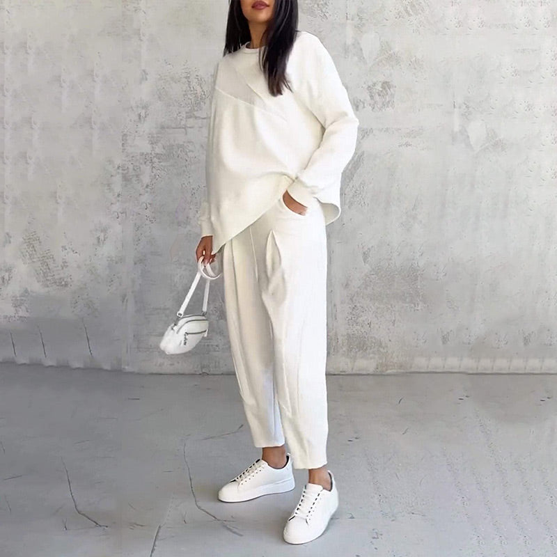 👚 60% RABATT! 👖 Damen Langarm-Sweatshirt & Hose Set – Unregelmäßiger Saum, Weiches Material & Bequemer Oversized-Schnitt für Zuhause 🍂