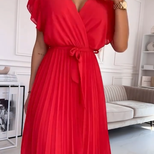 💐 Women's Solid V-Neck Pleated Flowy Dress