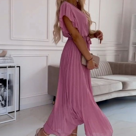 💐 Women's Solid V-Neck Pleated Flowy Dress