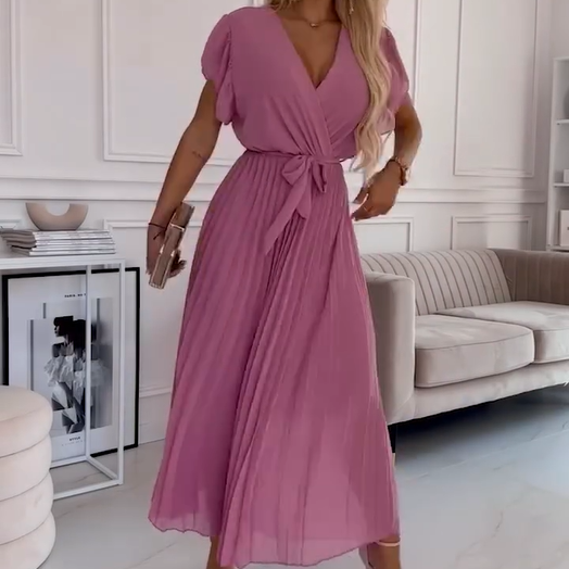 💐 Women's Solid V-Neck Pleated Flowy Dress