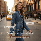📢📢55 % RABATT !! ⏰Damen-Jeansjacke mit Rüschenbesatz und offenem Vorderteil – Leicht und feminin – Vielseitig und schick