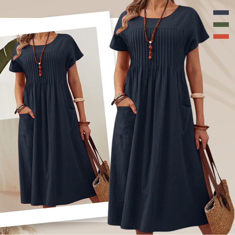 👗Faltenkleid für Damen mit kurzen Ärmeln und Taschen💃