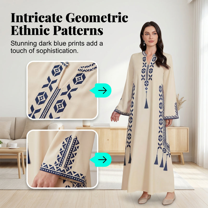 Damen-Kaftankleid mit ethnischem Muster und V-Ausschnitt