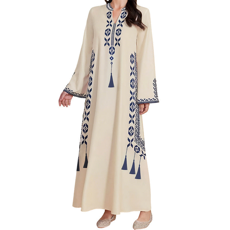Damen-Kaftankleid mit ethnischem Muster und V-Ausschnitt