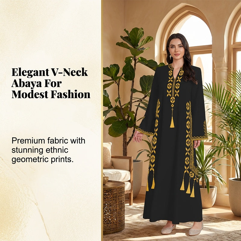 Damen-Kaftankleid mit ethnischem Muster und V-Ausschnitt
