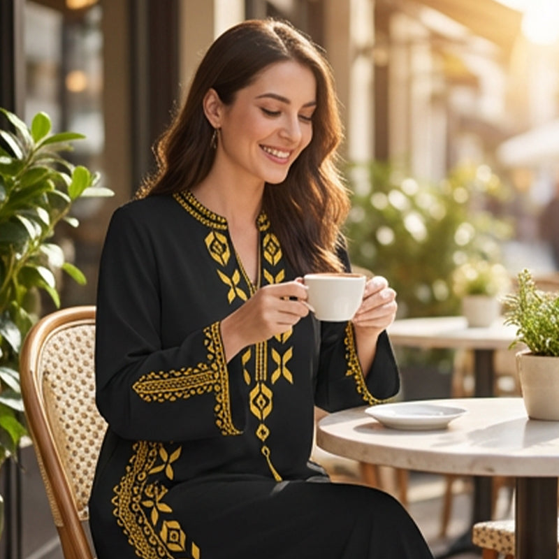 Damen-Kaftankleid mit ethnischem Muster und V-Ausschnitt