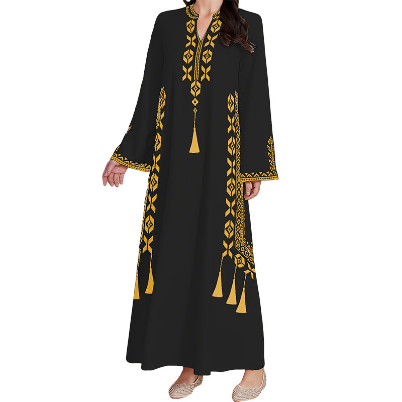 Damen-Kaftankleid mit ethnischem Muster und V-Ausschnitt