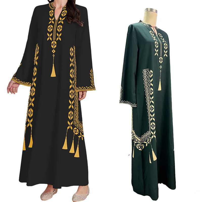 Damen-Kaftankleid mit ethnischem Muster und V-Ausschnitt
