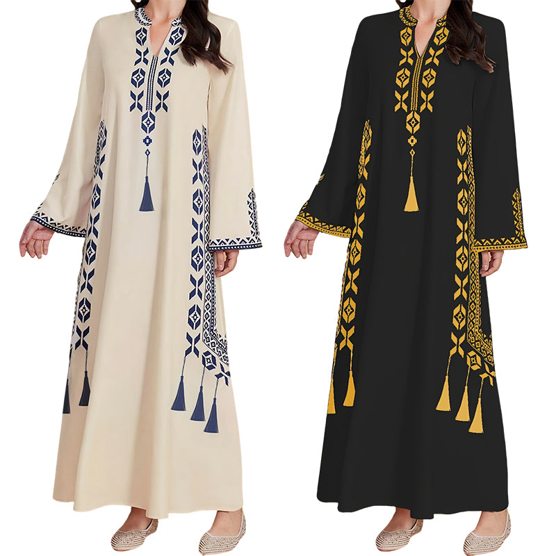Damen-Kaftankleid mit ethnischem Muster und V-Ausschnitt