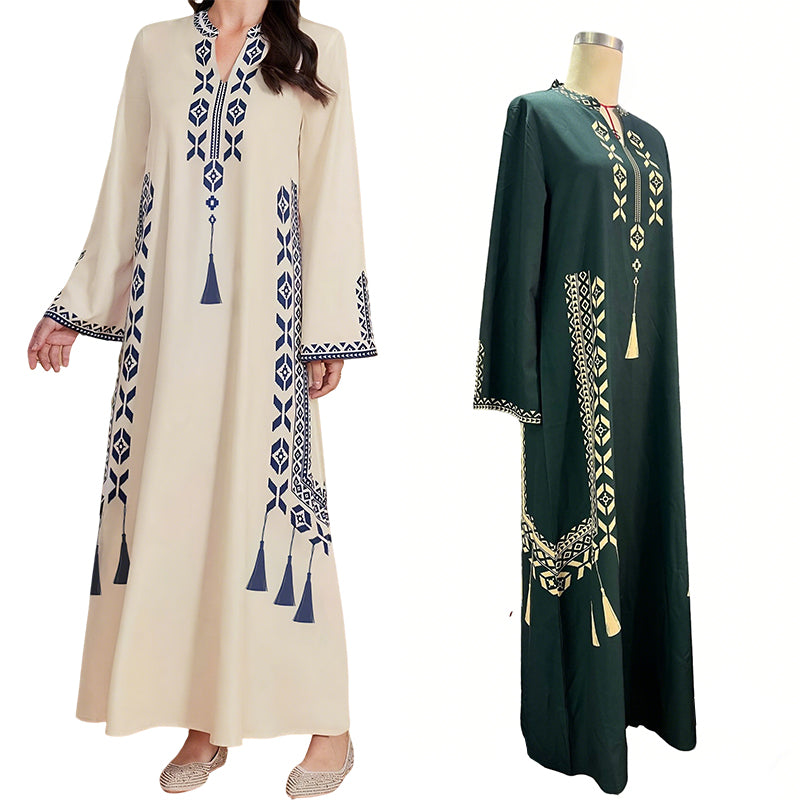 Damen-Kaftankleid mit ethnischem Muster und V-Ausschnitt