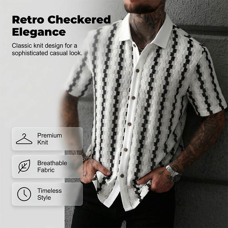 Retro-Geo-Strick-Shirt für Herren – kurzarm, lässig & auffällig